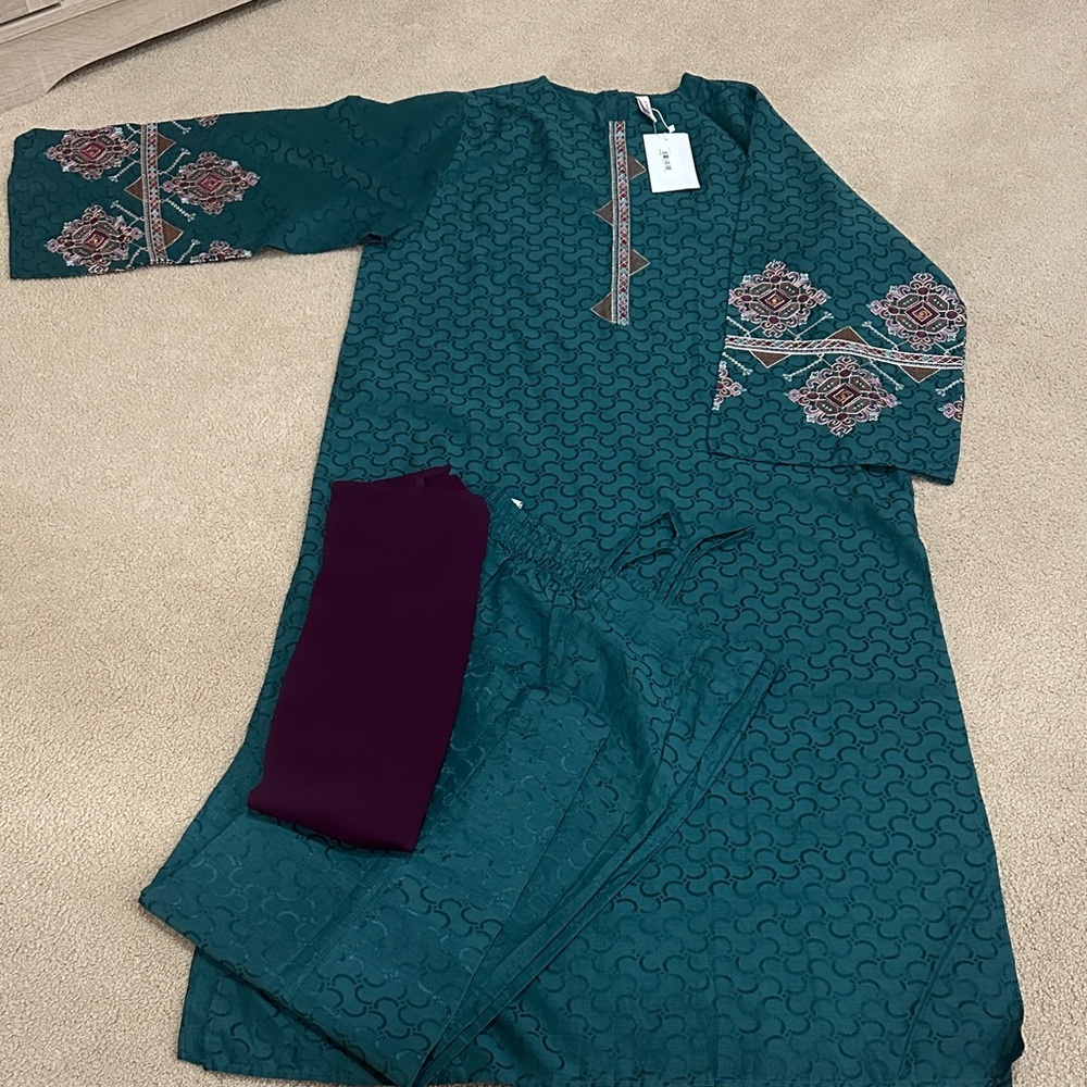 Teal Embroidered Long Sleeve Women's Dress